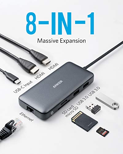 Anker USB C Hub, PowerExpand 8-in-1 USB C Adapter, with Dual 4K HDMI, 100W Power Delivery, 1 Gbps Ethernet, 2 USB 3.0 Data Ports, SD and microSD Card Reader, for MacBook Pro, XPS and More