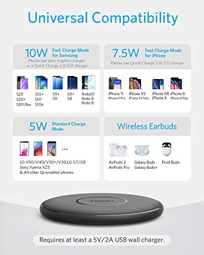 Anker 10W Max Wireless Charger, PowerWave Pad Upgraded, Qi-Certified Wireless Charging 7.5W for iPhone Xs Max XR XS X 8/8 Plus, 10W for Galaxy S10 S9 S8, S9 Plus, Note 9 (No AC Adapter)