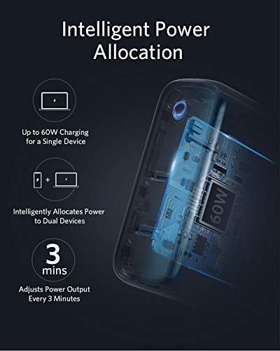 USB C Charger, Anker 60W GaN & PIQ 3.0 2-Port Type-C Charger with Intelligent Power Allocation, PowerPort III 2-Port 60W, US/UK/EU Plug for Travel, for MacBook, iPad Pro, iPhone, Galaxy and More
