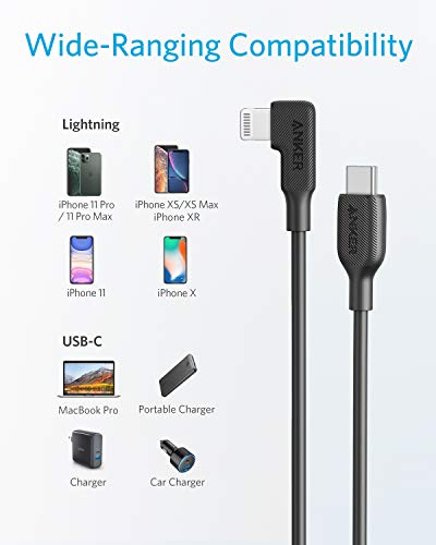 Anker USB-C to 90 Degree Lightning Cable (3 ft), MFi Certified, Supports Power Delivery for iPhone SE / 11 Pro/X/XS/XR / 8 Plus/AirPods Pro, iPad 8, iPod Touch, and More(Black)