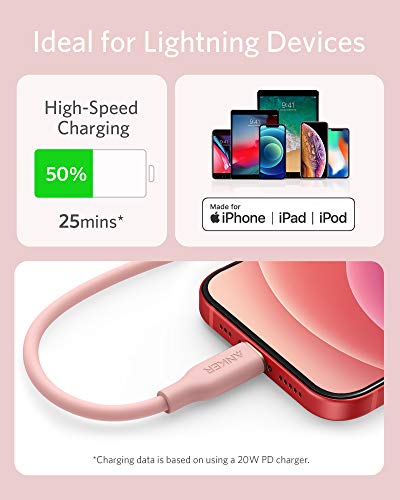 Anker Powerline III Flow, USB C to Lightning Cable for iPhone 12 Pro Max / 12/11 / XS/X/XR / 8 Plus, AirPods Pro, (6 ft) [MFi Certified] Supports Power Delivery, Silica Gel (Coral Pink)