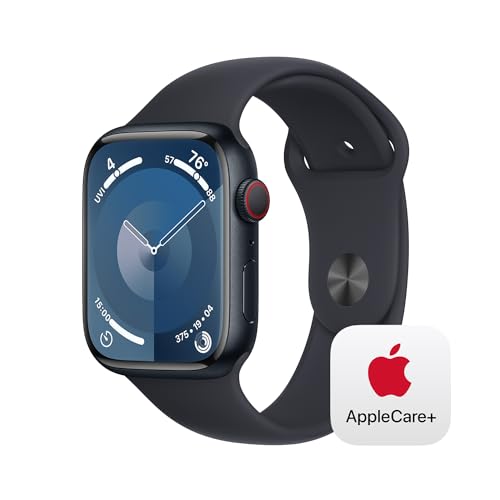 Apple Watch Series 9 [GPS + Cellular 45mm] Smartwatch with Midnight Aluminum Case with Midnight Sport Band M/L with AppleCare+ (2 Years)