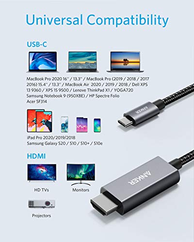USB C to HDMI Cable for Home Office 6ft, Anker Type C to HDMI Adapter Cable 4K 60Hz for MacBook Pro 2020, iPad Pro 2020, Samsung Galaxy S20/ S10, Dell XPS 13/15, and More [Thunderbolt 3 Compatible]