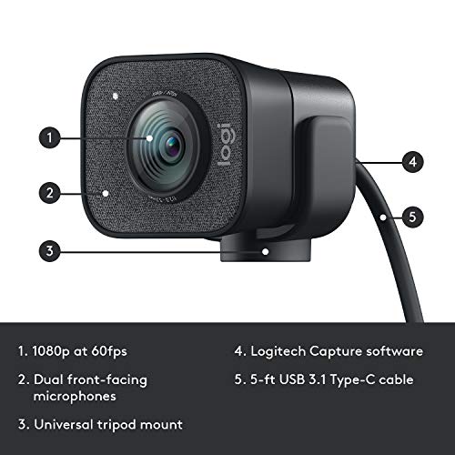 Logitech StreamCam, 1080P HD 60fps Streaming Webcam with USB-C and Built-in Microphone, Graphite