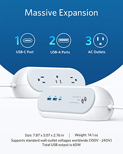 Anker USB C Power Strip Surge Protector for Home Office, PowerExtend USB-C 3 Capsule, 3 Outlets and 15W 2 USB Ports and 45W Power Delivery Port, 6 ft Power Cord, Flat Plug, Space-Saving Design