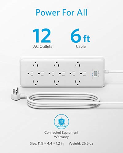 Anker Power Strip Surge Protector (2 × 4000 Joules), PowerExtend Strip 12 Outlets with Flat Plug, 1875W Output, 6ft Extension Cord, Dual Surge Protection for Office, Home