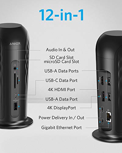Anker Docking Station, PowerExpand 12-in-1 USB-C PD Media Dock, 60W Power Delivery, 4K HDMI and DP, 2 USB-C Charging Ports, 1 USB-C and 3 USB-A 3.0 Data Ports, SD and TF Slots, Gigabit Ethernet, Audio