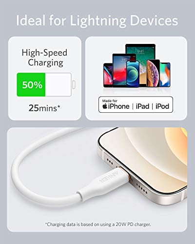 Anker Powerline III Flow, USB C to Lightning Cable for iPhone 12 Pro Max / 12/11 Pro/X/XS/XR / 8 Plus, AirPods, (3 ft) [MFi Certified] Supports Power Delivery, Silica Gel (Cloud White)