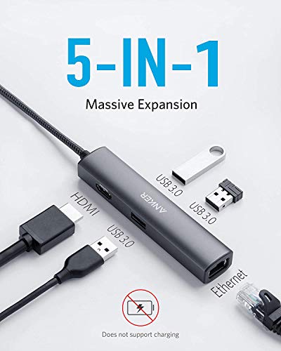 Anker USB C Hub Adapter, 5-in-1 USB C Adapter with 4K USB C to HDMI, Ethernet Port, 3 USB 3.0 Ports, for MacBook Pro, iPad Pro, XPS, Pixelbook, and More