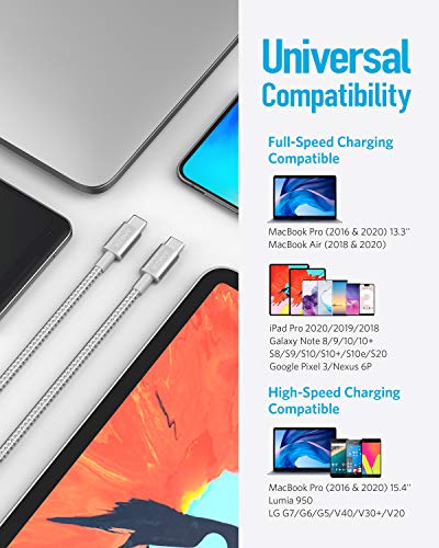 USB C Cable, Anker 2 Pack New Nylon USB C to USB C Cable (6ft 60W), PD Type C Charging Cable for MacBook Pro 2020, iPad Pro, iPad Air 4, Galaxy S20, Switch, Pixel, LG and Other USB C Charger(Silver)
