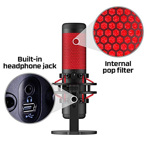 HyperX QuadCast - USB Condenser Gaming Microphone, for PC, PS4 and Mac, Anti-Vibration Shock Mount, Four Polar Patterns, Pop Filter, Gain Control, Podcasts, Twitch, YouTube, Discord, Red LED
