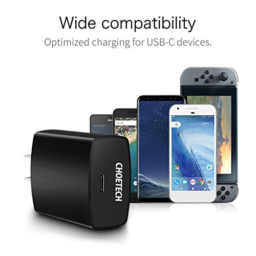 USB C Charger, CHOETECH 18W Power Delivery Type-C Wall Charger Compatible iPhone XR,XS,XS Max, X,8,8 Plus,Samsung Galaxy S9/Note 9, Google Pixel 2/Pixel,Nintendo Switch, Nexus 5x/6p Lumia 950/950XL