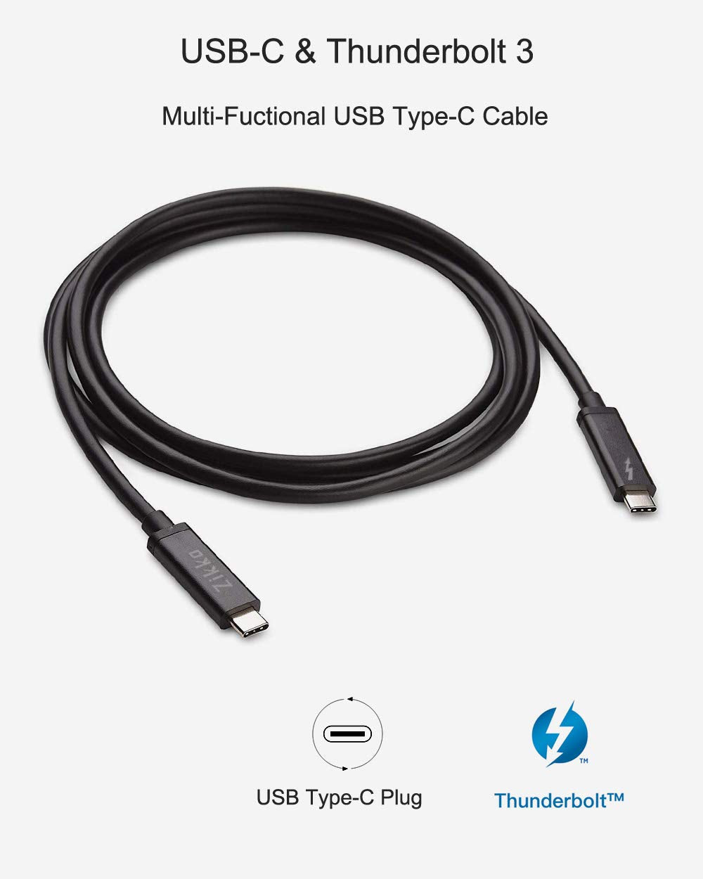 (Thunderbolt Certified) Zikko Passive Thunderbolt 3 Cable 100W/20V/5A 20Gbps 6.6ft, USB C to USB C Thunderbolt 3 Cable for MacBook Pro, Chromebook, HP and More 6.6ft (2 Meters)