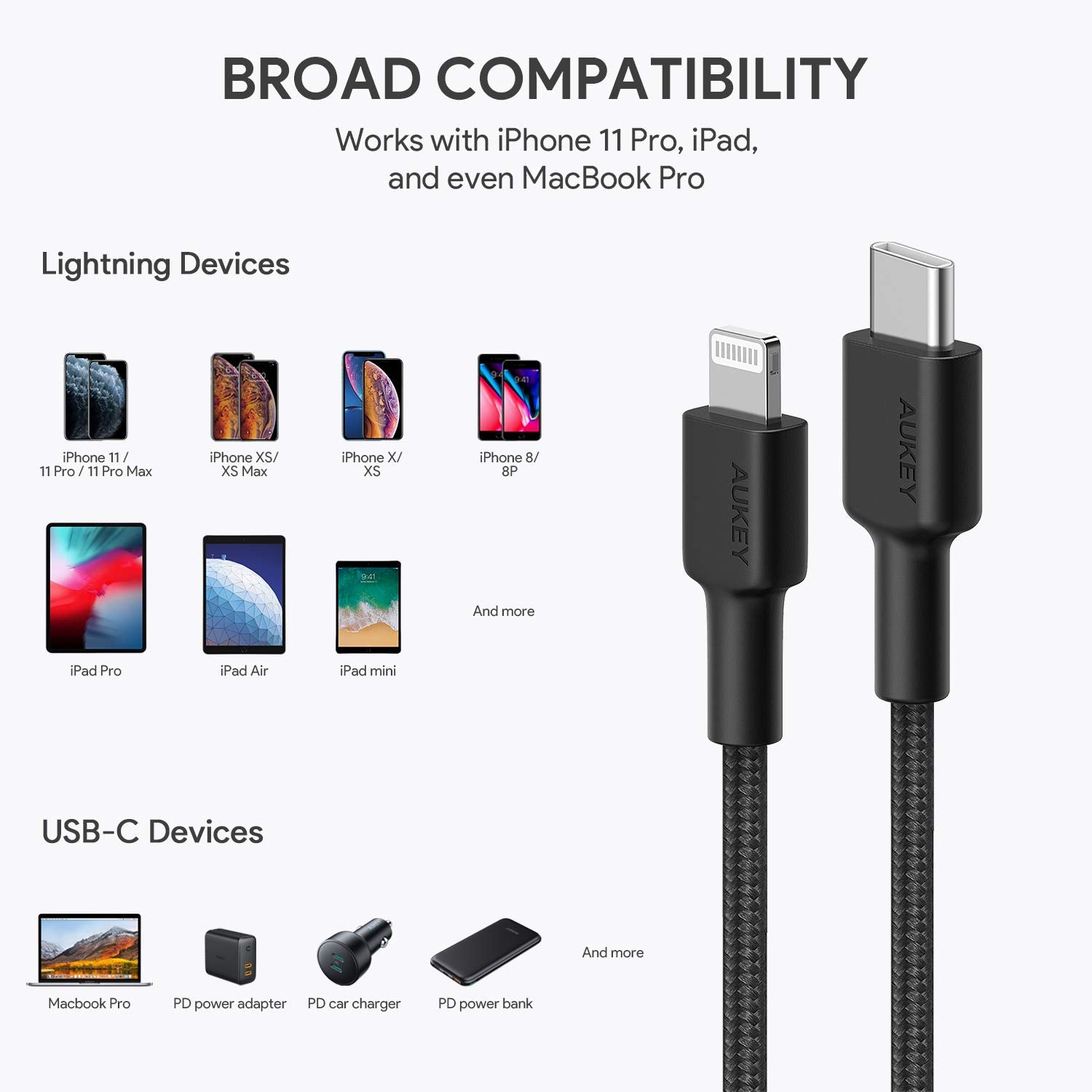 AUKEY USB C to Lightning Cable 3.9ft iPhone 11 Charger [Apple MFi Certified] Durable Braided Nylon Type C to iPhone Cable Fast Charge for iPhone 11 Pro/X/8/8 Plus, iPad, Airpods Pro and Other